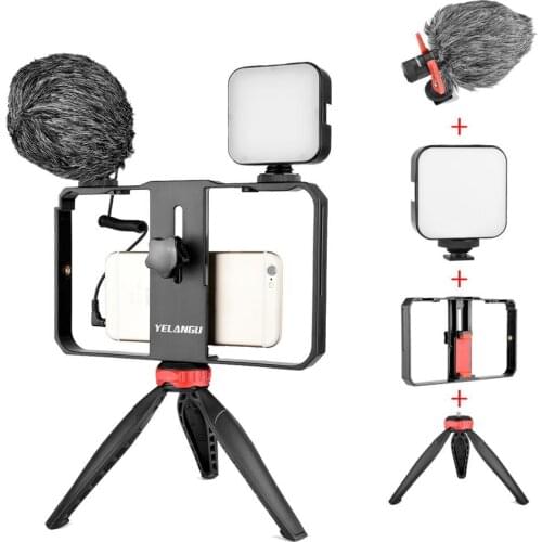 4 in 1 Vlogging Live Broadcast Smartphone Video Rig With LED Light Microphone Tripod Phone Cage For Iphone Mobile Phone