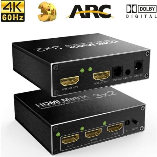 4K HDMI-compatible Splitter 60Hz Ultra HD 3X2 Matrix Switch R/L+ARC 3 Ports Inputs 2 Port Outputs with IR Remote HDCP1.4