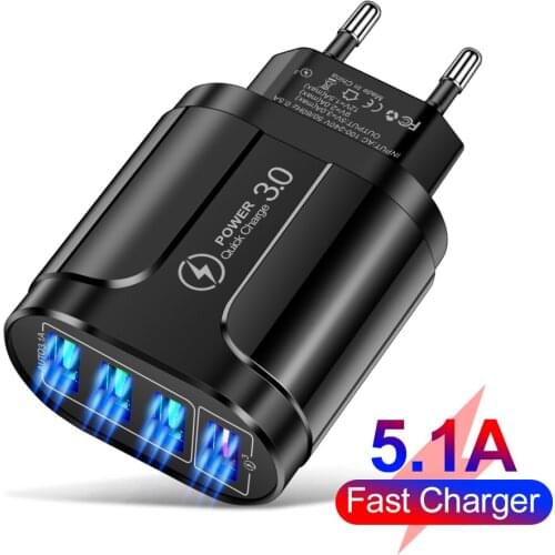 5.1A QC 3.0 Charger 4 USB Mobile Phone Charger Travel USB Adapter Power Adapter Multiple Intelligent Travel Charger