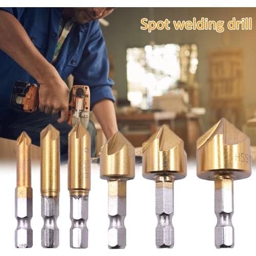 6Pcs/Set Titanium Plated HSS Chamfer Countersink Chamfer Drill Bit 1/4" Hex Shank 90 Degree Wood Chamfering Cutter 6mm-19mm