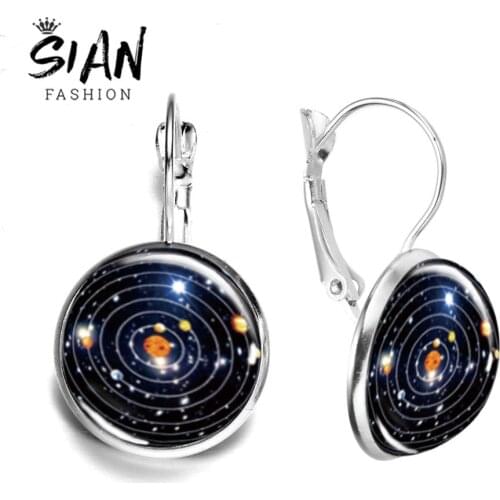 SIAN Fashion Solar System Universe Nebula Earrings Galaxy Space Handmade Art Photo Glass Crystal Dangle Earrings for Women Girl