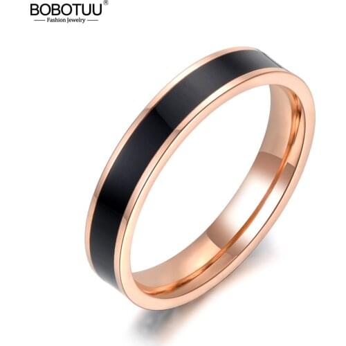 BOBOTUU Fashion Black/white 2 Colors Painting Oil Rose Gold Color Simple Wedding Rings Jewelry Stainless Steel Ring BR18052