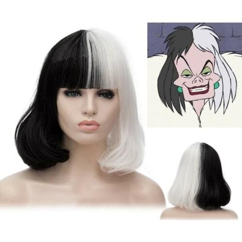 CRUELLA de Vil Short Black White Ms. Spot Hair Deville Dalmations Heat Resistant Cosplay Costume Wigs + Wig Cap