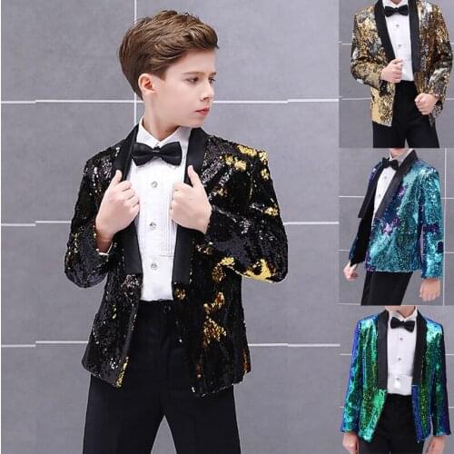 Black Gold Double Colors Prom Party Boys Suit Shiny Stage Performance Tuxedo Kid Wedding Suit Child Jacket Pants set 2 pieces