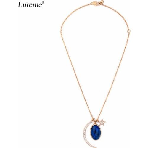 Lureme Fashion Gold Color Strass Moon Star & Blue Oval Bead Pendant Necklace for Women (nl005810)