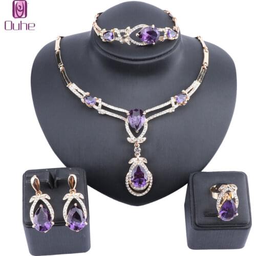 Women Gold Color Purple Zircon Crystal African Beads Necklace Bracelet Earring Ring Saudi Jewelry Set Party Bridal Decoration