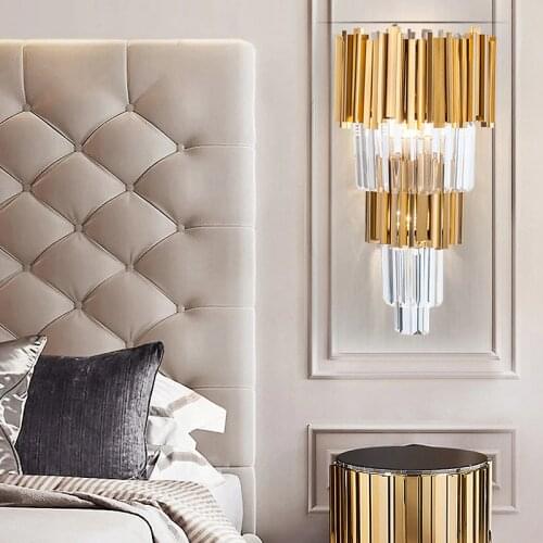Modern Living Room Golden Stainless Steel Crystal Wall Lamp Lighting Bedroom Bedside Wall Light E14 AC85-265V LED Lamp