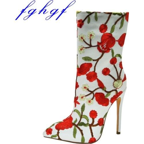 Fghgf New Womens boots, 12cm with high womens ankle boots, embroidered lace boots are fashionable and sexy, suitable for weddi