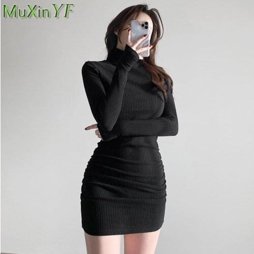 Autumn Winter Womens Basic Joker Mini Dress Lady Graceful Turtleneck Knitted Sweater Black Long Sleeve Dresses Fall Clothing