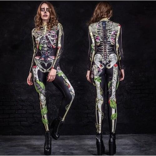 Sexy Disgusting Scary Skeleton Jumpsuit Costumes For Adult Women Party Cosplay Terror Zombie Tight Romper Halloween Carnival