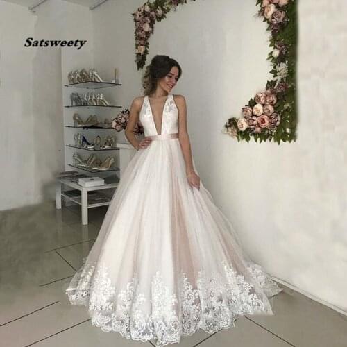 V Neck Tulle Wedding Dresses A Line Open Cross Back Applique Floor Length Sweep Train Sleeveless Bridal Dress Vestido De Noiva