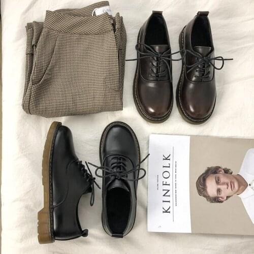 Casual thick-soled ladies single shoes autumn and winter new retro round toe college style lace-up small leather shoes