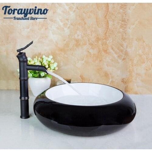 Bathroom Basin Dinks Black And White Contemporary Countertop Round Ceramic Wash Artistic Basin With Oil Rubbed Bronze Faucet Set