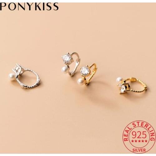 PONYKISS Romantic 925 Sterling Silver Square Zircon Pearl Huggie Hoop Earrings for Women Anniversary Fine Jewelry chic Accessory
