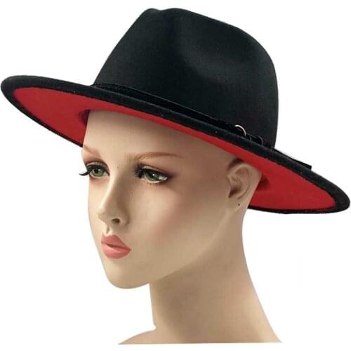 Black Red Patchwork Wool Felt Jazz Fedora Hats Belt Buckle Decor Women Unisex Wide Brim Panama Trilby Cowboy Cap Sunhat 600CM