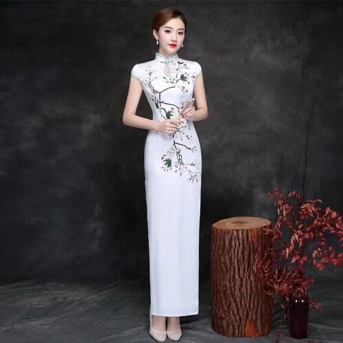 Chinese Traditional Long Silk Dress Women Elegance Long Cheongsam Lady Party Silk Qipao Print Flower Wedding Party Dresses 90