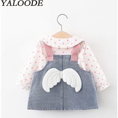YALOODE Baby Girl Dress Autumn New Baby Girl Clothes Cute Dot Print T-Shirt Tops Cartoon Strap Dress 2pcs Girl Clothes Suit