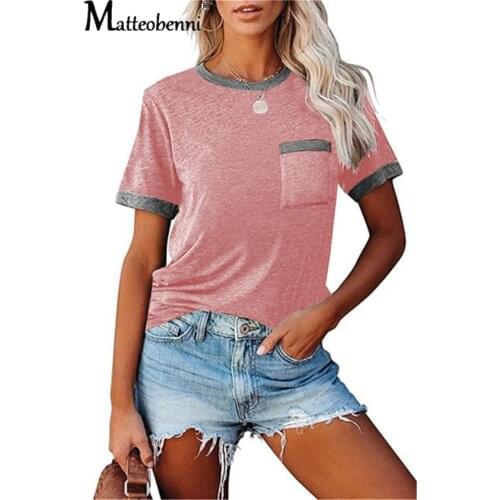2021 Summer New Womens T-Shirts Cotton Casual Summer Fashion New Solid Color Sexy O-neck Pocket Short Sleeve Comfortable Blouse