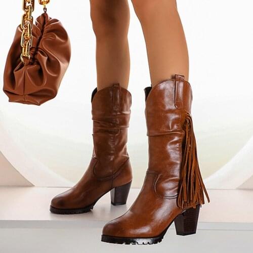 YMECHIC Cossack Tassel Western Cowgirl Boots for Women Pu Leather High Heels Pasture Shoes 2022 New Winter Bota Zapatos De Mujer