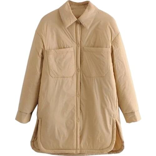 2021 New Women Fashion With Pockets Padded Thin Jacket Coat Vintage Long Sleeve Side Vents Female Outerwear Chic Overshirt