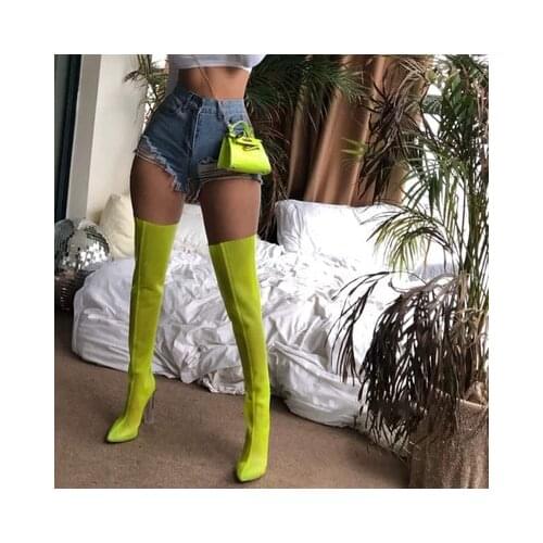 Summer Neon Women Over The Knee Boots Mesh leather Clear Transparent High Heels Botas Female Banquet Shoes Large Size 46 47 48