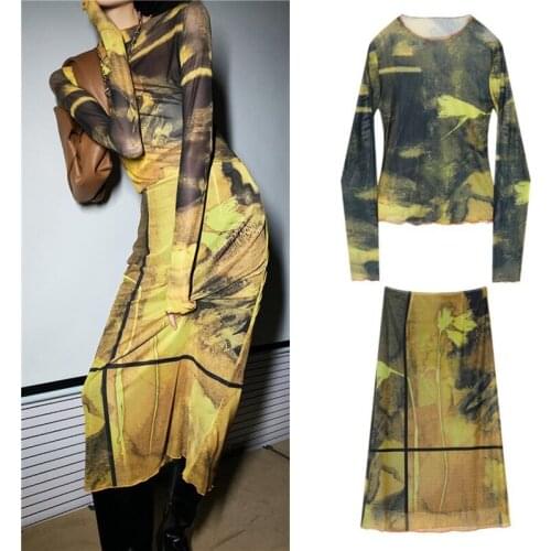 Vintage Printing Two Piece Set O Neck Full Sleeve Slim Base Shirt And Elastic Skirts Harajuku Street Style Women Clothes SL285