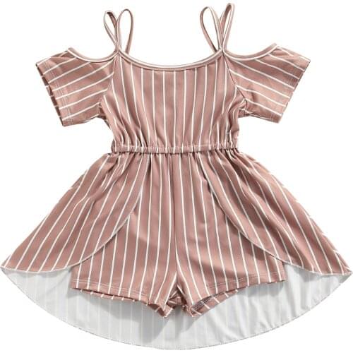 2-6Years Girls Casual Overalls Dark Pink Stripe Printed Pattern Boat Neck Short Sleeve Playsuit