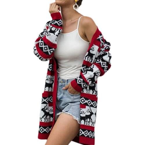 AECU Women Long Sleeve Christmas Knitted Cardigan Sweater Autumn Winter Casual Crochet Snow Pattern Sweater Christmas Deer Coat