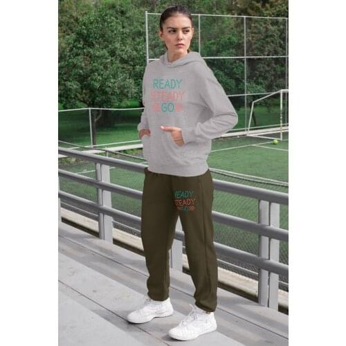 Angemiel Wear Ready Steady Women Tracksuit Set Gray Hooded Sweatshirt Green Sweatpants