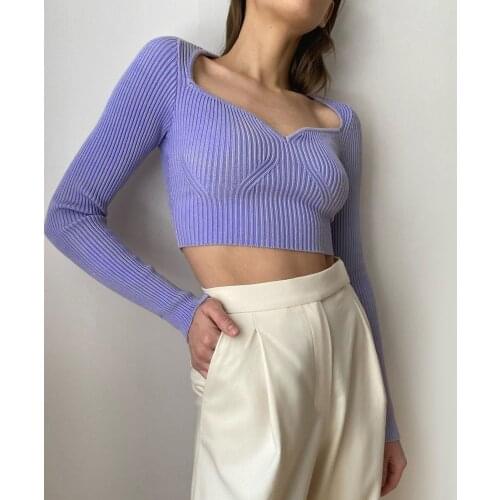 Fashion Peach Heart V-neck Purple Knitted Sweater Pullover 2021 Autumn Causal Womens Sexy Long Sleeve Slim Crop Top Jumpers