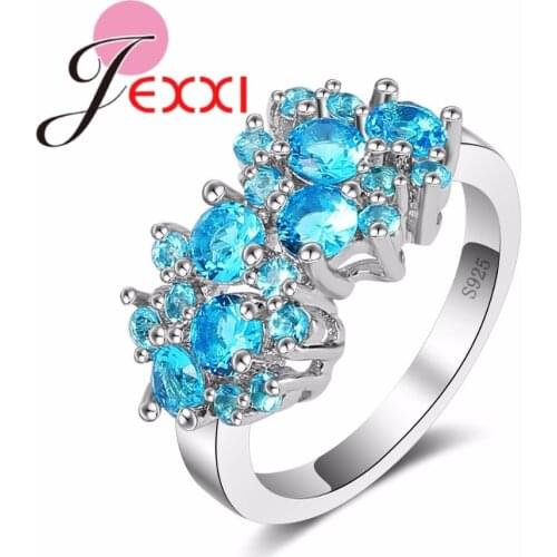 Exaggerate Sparking Flower Silver Ring for Women Round Light Blue Clear CZ Crystal 925 Sterling Silver Jewelry Ring