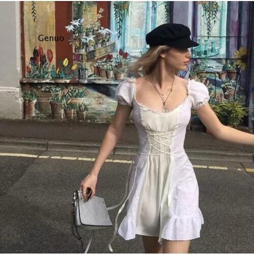 France Lace White embroidery women Dress Vintage Waist Bandage Tie Cross women Dresses Fashion Ruffles vestidos