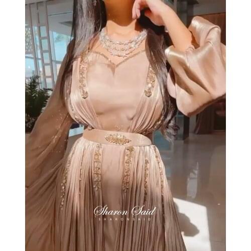 Rose Gold Moroccan Kaftan Long Sleeve Dubai Muslim Evening Dress for Women Wedding Party Arabic Engagement Formal Gowns Crystal