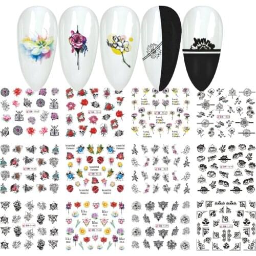 12 styles nail sticker water transfer Black Flower Hollow Watercolor Floral Designs Slider Nail Art Wraps Manicure Decor Tattoo