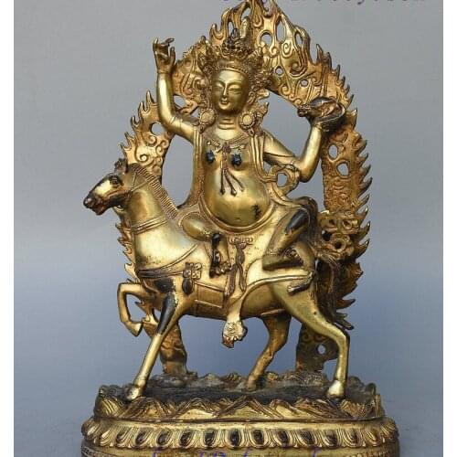12" Tibet Buddhism fane Bronze Gilt Ride Horse Palden Lhamo Deity Buddha Statue