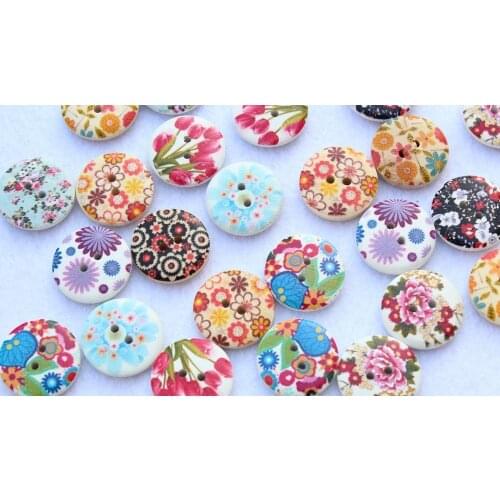 300pcs novelty floral paint 20mm natural Wood, Wooden Buttons pendants beads for DIY medium 2 holes floral wood cabs