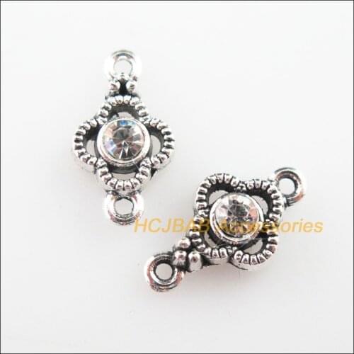 35Pcs Tibetan Silver Color Clear Crystal Clover Flower Charms Connectors Pendants 8x15mm