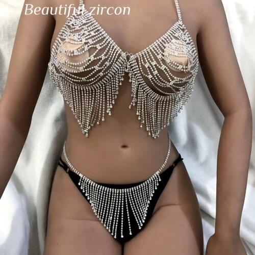 Sexy womens tassel Rhinestone body jewelry luxury shiny crystal Bikini Bra and thong nightclub party jewelry accessories