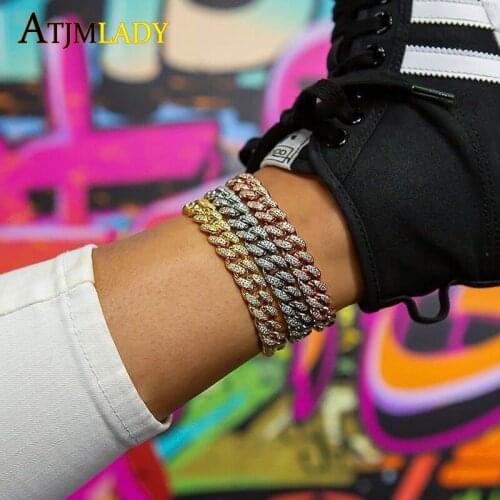 NEW 12mm Width PINK Color 5A Cubic Zirconia Bling Cz Iced Out Miami Cuban Link Chain 2020 New Hiphop Leg Chain Cuban Anklets