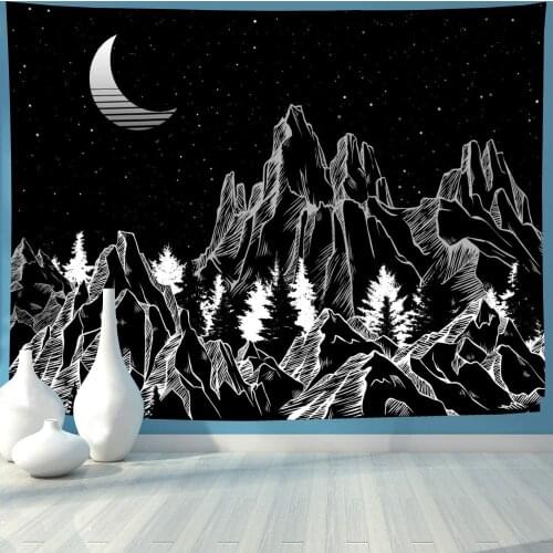 Mountain Moon Forest Trees Tapestry Starry Night Sky Black and White Nature Landscape