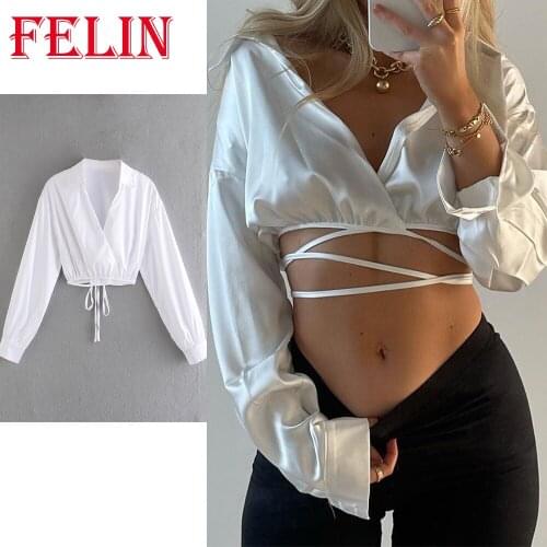 FELIN Za Women Fashion White Casual Shirt High Street Lady Blouse Sexy Cropped Deep V Neck Tie Tops Mujer Elegant Mujer Blusas