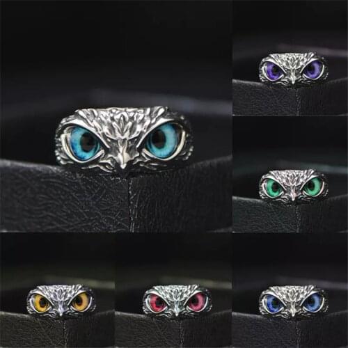 Retro Cute Simple Design Owl Ring Multicolor Eyes Silver Color Women Men Engagement Wedding Rings Jewelry Gift Resizable Unisex