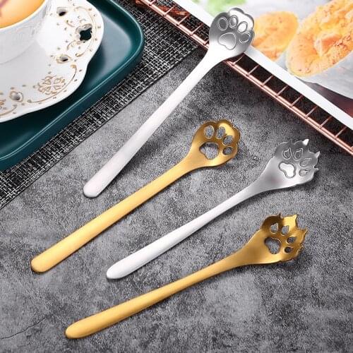 Creative Stainless Steel Dog Cat Claw Milk Coffee Spoon Colander Cutlery Long Handle Dessert Spoon Tableware Cute Kitchen Tools