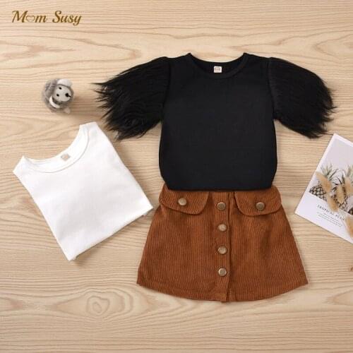 Fashion Baby Girl Clothes Set Fur Short Sleeve Cotton Tshirt+Corduroy Button Skirt 2PCS Toddler Child Clothing Set Outfit 2-8Y