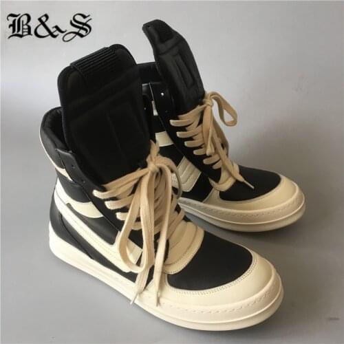 Black& Street Men Hip Hop rock genuine leather boots real picture high quality model trainer patchwork flats boots