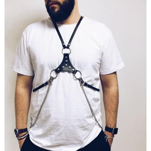 Men Punk Body Leather Bondage for Fashion Trendy Men Waist Harness Belt Chain O Ring Straps Black Belts with Silver Male Halter