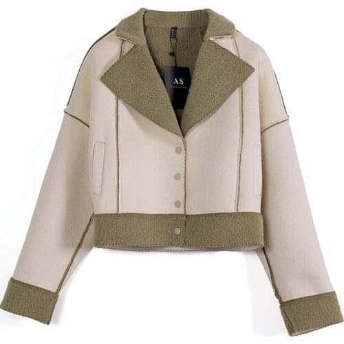 2020 Autumn Winter Faux Suede Lambs Wool Jacket Women Parka Lapel Thicken Cotton Coat Temperament Commuter Sweet Romantic Style