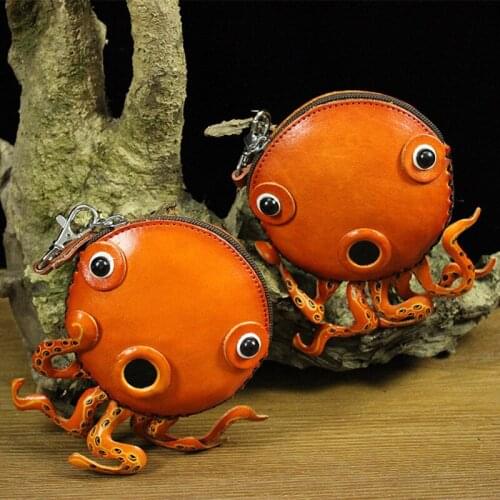 Octopus Genuine Leather Coin Pocket Cow leather Wallets Bags Cute Monney Earphone Storage Bag Card Holder Change Purse