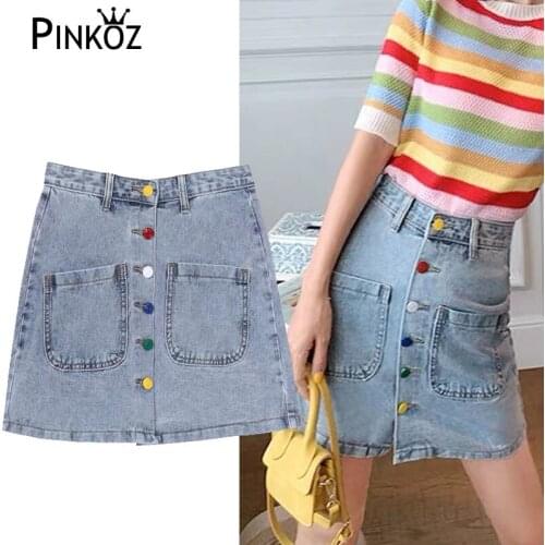 Pinkoz sweet young style denim mini skirt mori style colorful button single breasted casual A-line skirt womens faldas jupe