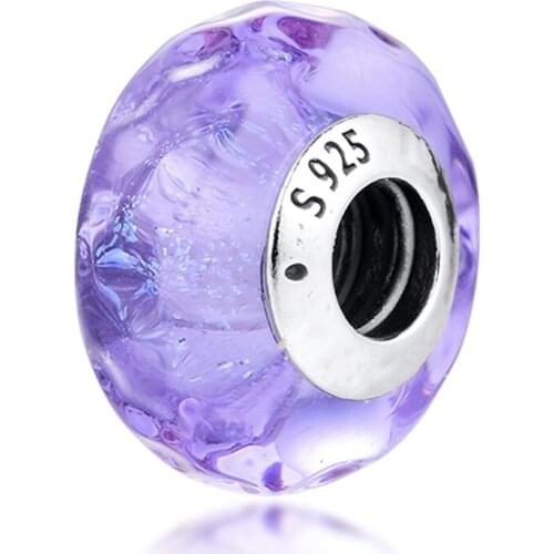 Genuine 925 Sterling Silver Wavy Lavender Murano Glass Charms Fits Pandora Bracelet Metal Beads for Jewelry Making Bijoux 2020